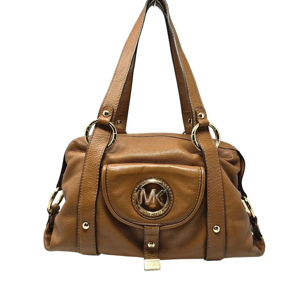 Michael Kors Brown Leather Shoulder Bag Handbag Satchel Gold Dual Handles